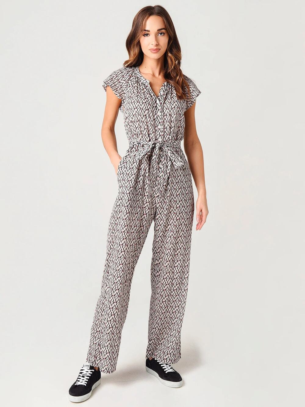 [XÍRENA] Haven Tile Geometric Print Cassi Jumpsuit Belt Flutter Sleeves Sz Large